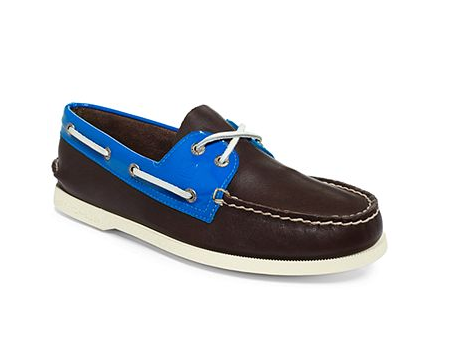 Brown and blue color blocked boat shoe