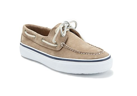 Tan and white suede boat shoe